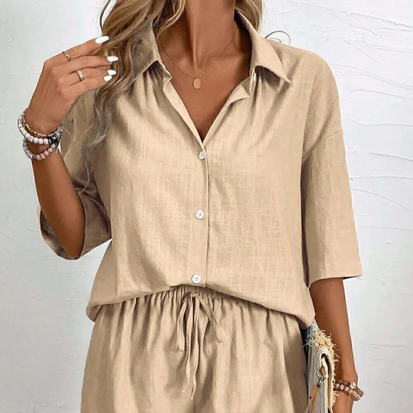 Khaki Casual Women's Solid Button Front Shirt & Drawstring Waist Shorts - Picture 4 of 7